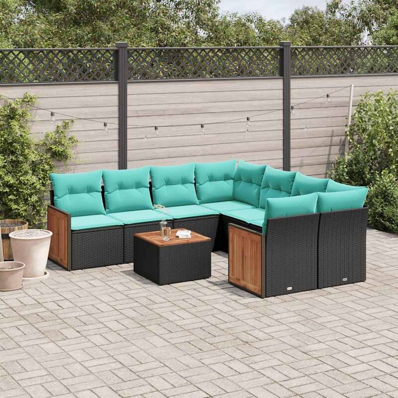 vidaXL 9 Piece Patio Sofa Set with Cushions Black Poly Rattan - 24.4 x 24.4 x 27.2
