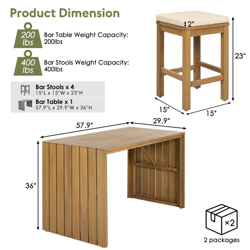 5 Piece Outdoor Bar Set, Patio Acacia Wood Bar Height Table & Four Stools with Cushions, Wood Dining Bar Set