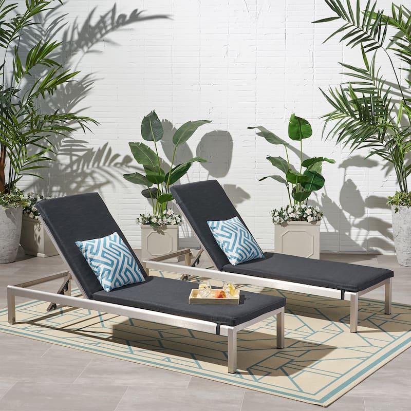 Cape Coral Outdoor Chaise Lounge with Cushion (Set of 2) by Christopher Knight Home - Dark Gray Cushion + Silver