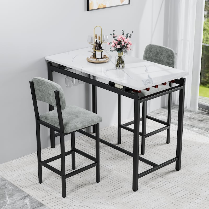 3 Piece Bar Dining Table Set with 2 Upholstered Chairs for Small Spaces