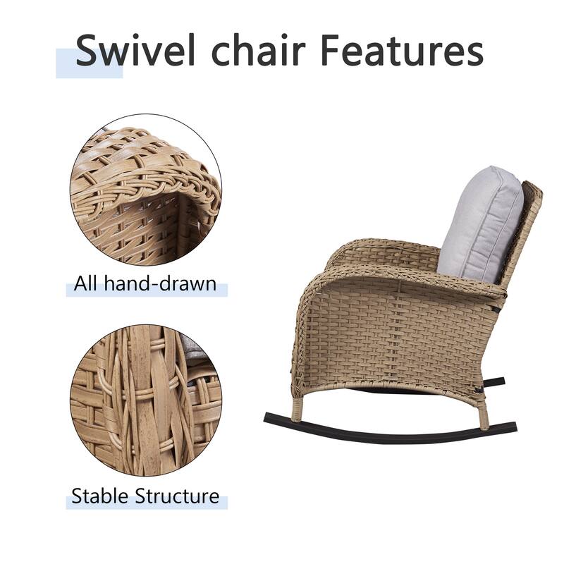 PlainCurve 3-Piece Wicker Outdoor Patio Conversation Set with Rocking Chairs and Olefin Cushions
