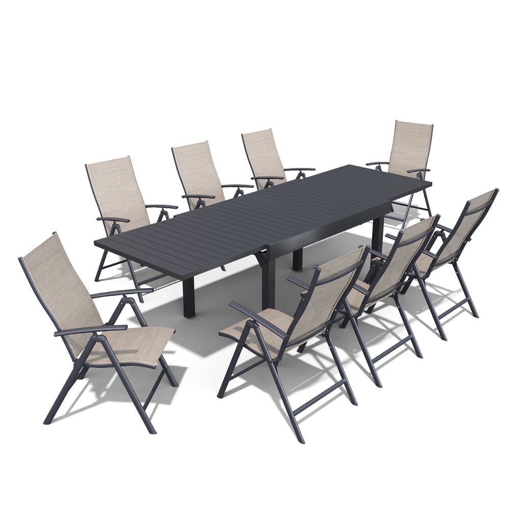 Outdoor Extendable Patio Dining Table with Durable Adjustable Reclining Folding Chair