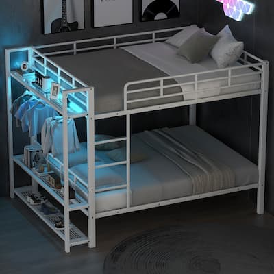Full Over Full Size Bunk Bed with Storage Mesh Shelves and Clothes Hooks, LED Light - Metal Bed Frame with Metal Slat Support
