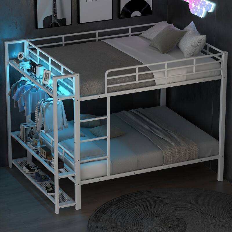 Full Size Metal Bunk Bed with Storage, LED Light, and Hooks, White