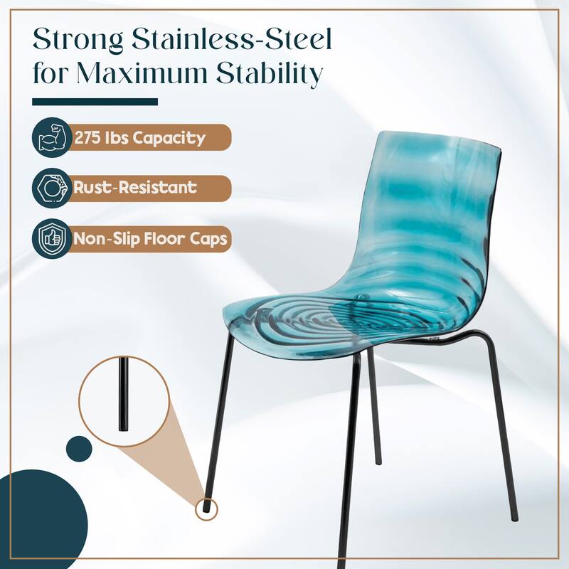 Astor Modern Minimalist Transparent Dining Chair with Black Metal Legs and Ripple Design Accent Side Chair for Indoor & Outdoor