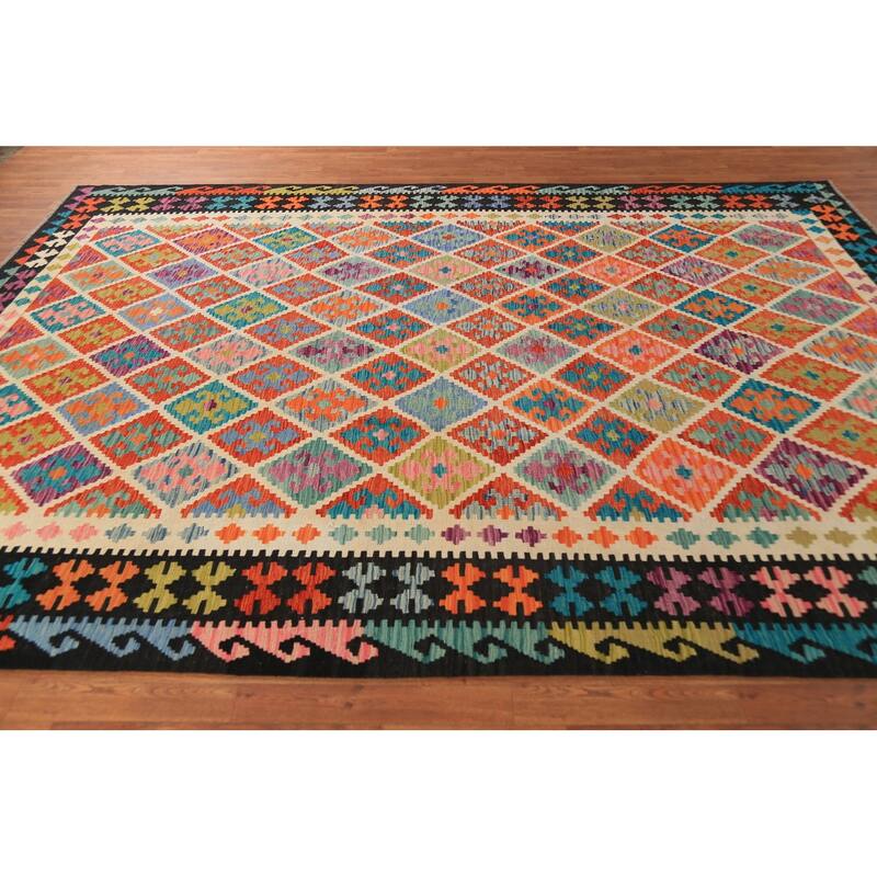 Colorful Trellis Kilim Area Rug Hand-Woven Wool Carpet - 8'3" x 11'8"