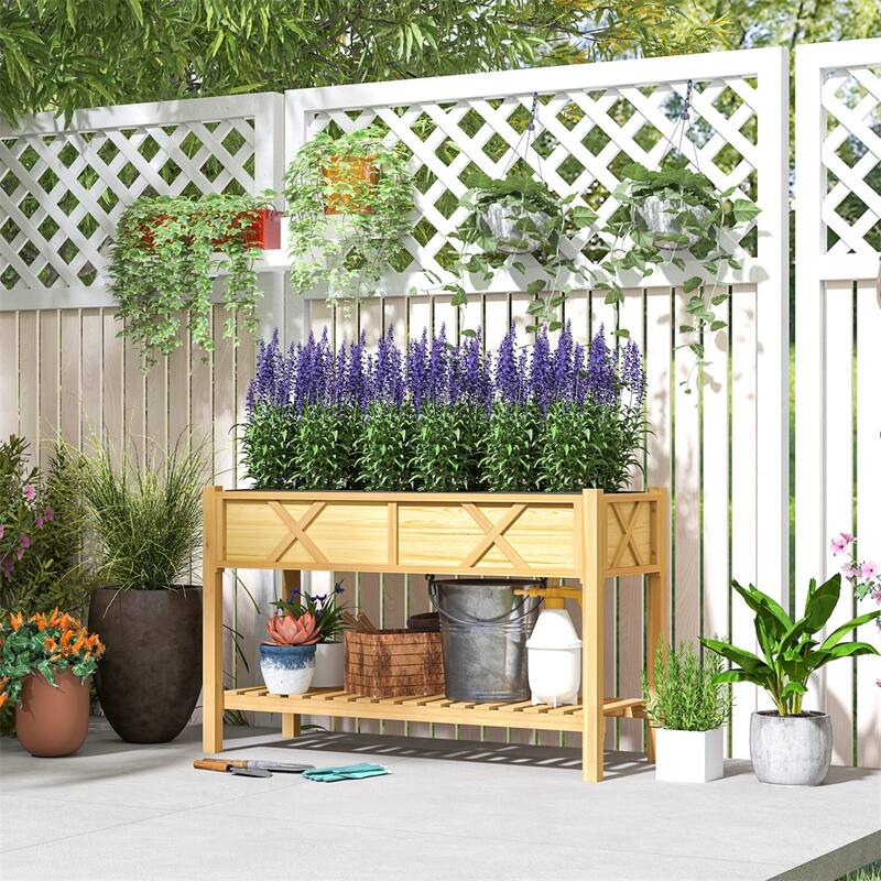 Wood 2-Tier Raised Planter with Shelf for Easy Gardening - 47.2" W x 21.7" D x 31.5" H