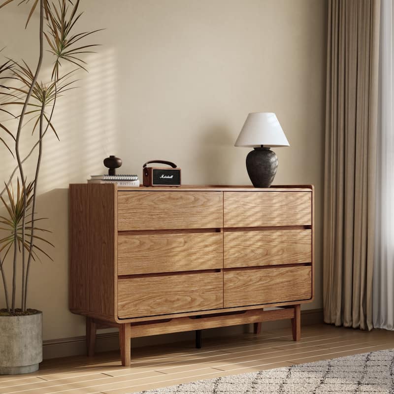 Mid-Century Style Natural Finish Dresser, 6 Drawers, Horizontal Storage, Engineered Wood