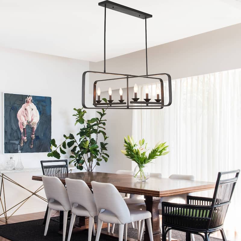 CurveCurio 42" Modern Matte Black Flush Mount Adjustable Dining Light, 6-Lights Fixture with Two Dwonrod for Dining Room