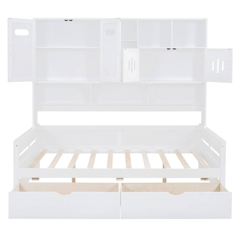 White Full Size Wooden Daybed with Storage Drawers and Built-in Cabinet & Shelf