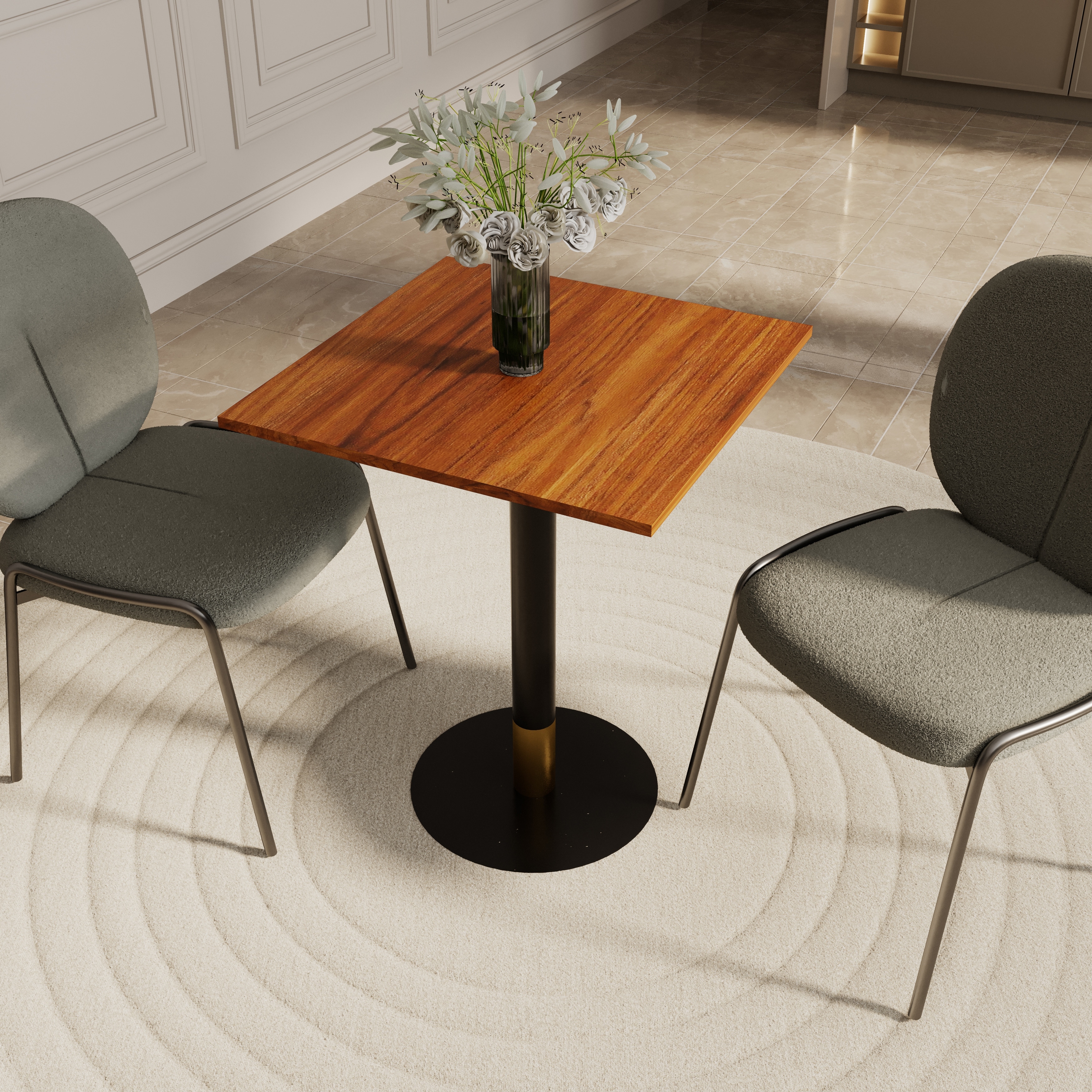Vail 24 in. Square Solid Wood Top Dining Table with Accent Gold and Black Stainless Steel Round Pedestal Base for Home or Cafés
