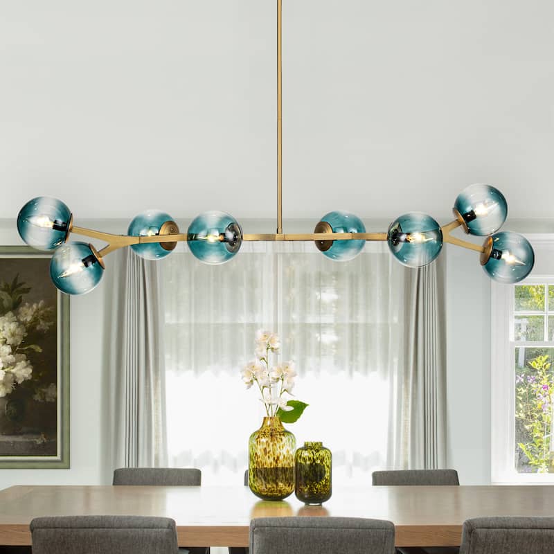 8 - Lights Modern Sputnik Linear Bubble Chandelier With Globe White Glass Shades - W 56" - Gold & Blue