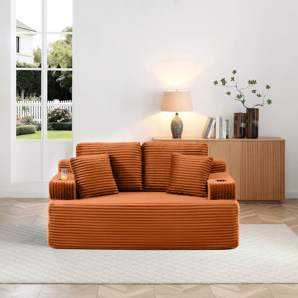 66.5'' Boneless Sofa Couch with 2 Pillows, Orange 2 Seater Sofa Couch Upholstered Loveseat with Side Pocket