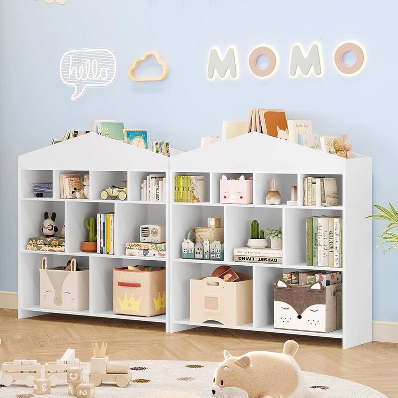 Kids Bookshelf with 9 Storage Cubbies Dollhouse Bookcase Toy Storage Organizer