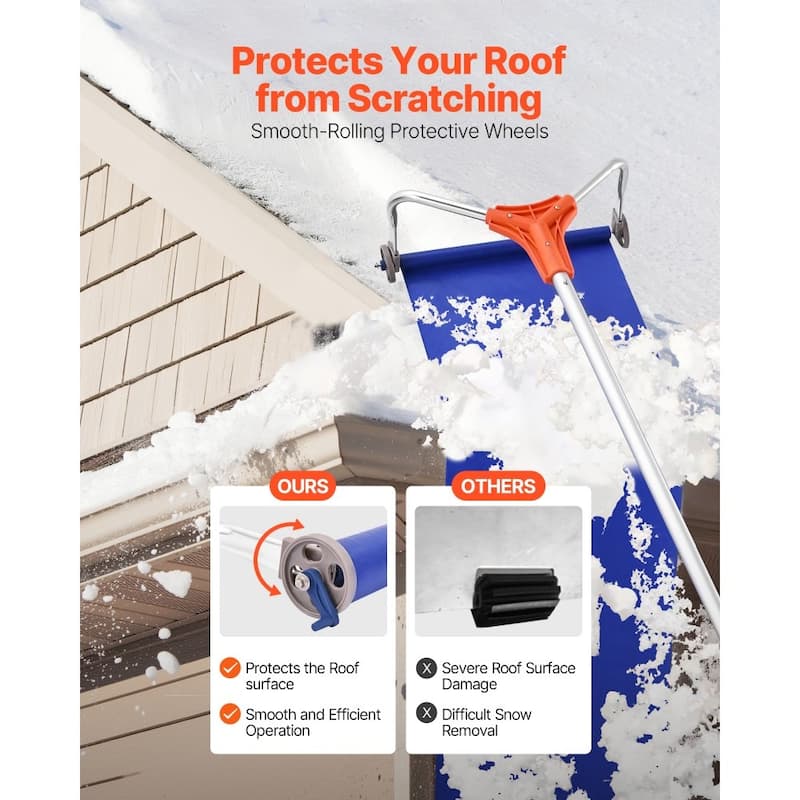 Extendable Roof Snow Rake 17-Inch Aluminum Blade with Smooth Wheels for Residential Snow Clearing