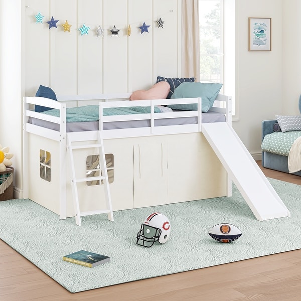 slide 2 of 15, COSTARS Kids Loft Bed with Slide and Ladder, Solid Wood Twin Loft Bed with Tent and Guardrails White