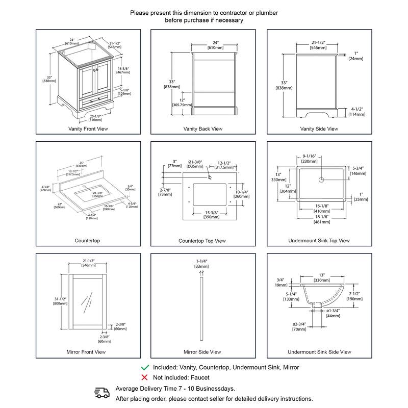 Blossom Copenhagen 24" Bathroom Vanity with Marble Top, Sink & Mirror