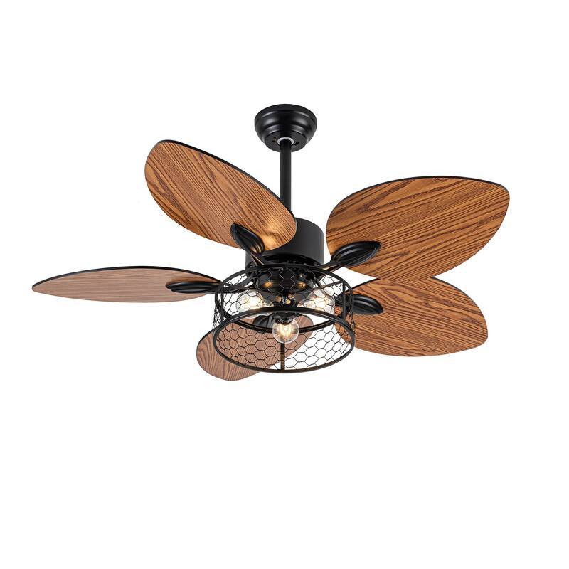 52" Farmhouse Style Wood Walnut Ceiling Fan With Lights and Remote Control, Dimmable LED Optional