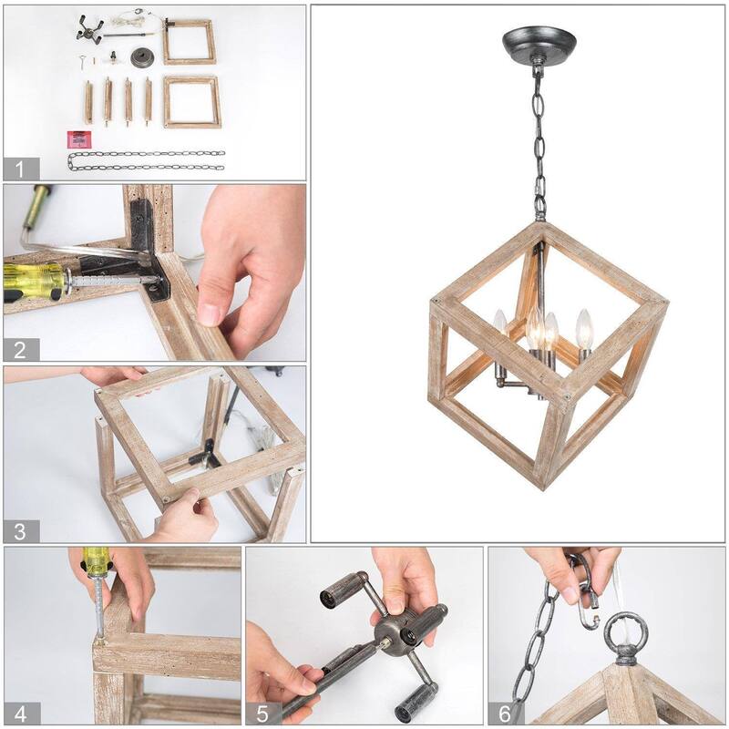Modern Vintage Farmhouse Wood Chandelier Lantern Brown 4-Light Kitchen Island Pendant Lights - L15.4" xW15.4 "xH20.5"