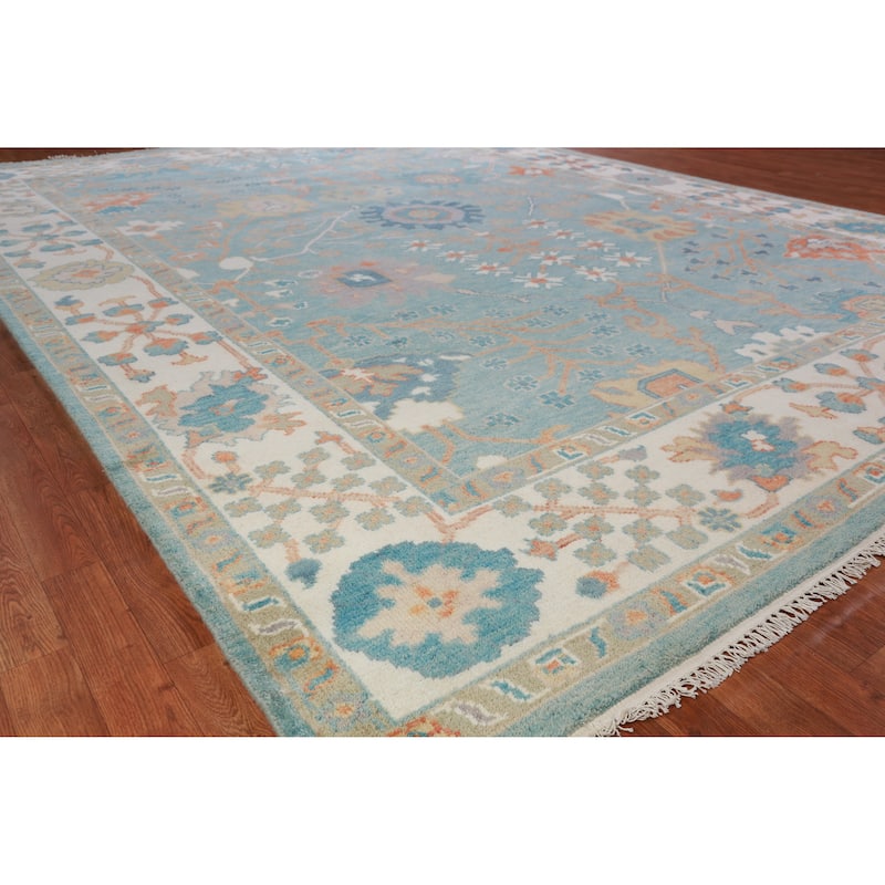 Hand Knotted Oriental 100% Wool Carpet Transitional All-Over Navy Blue & Blues Oushak Area Rug - 12' 4'' X 9' 2''