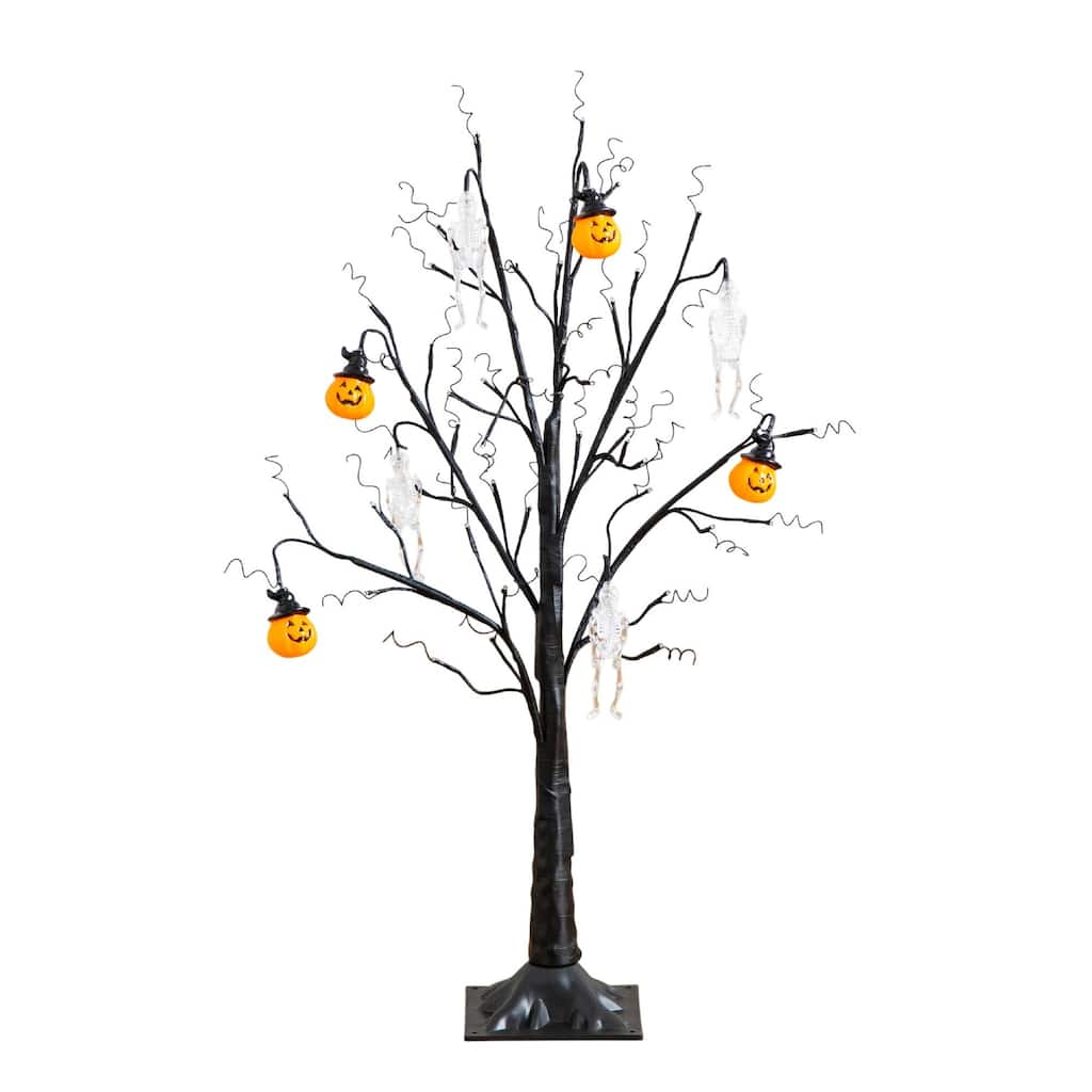 Pre-Lit Pumpkins and Skulls Artificial Halloween Twig Tree - 3' - LED Lights