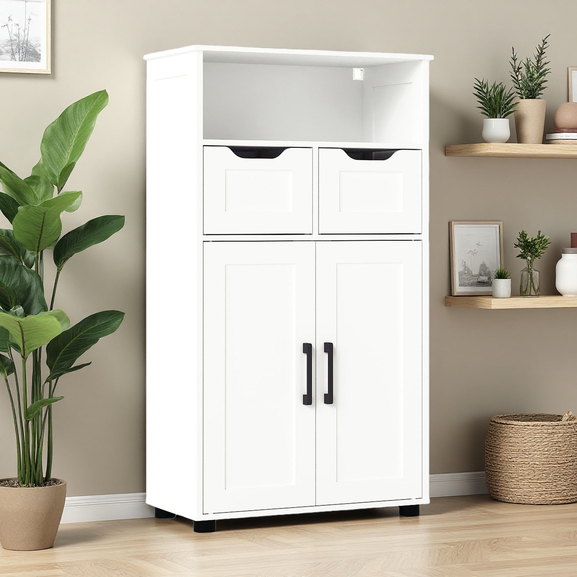 Farmhouse Double-Door Storage Cabinet with Drawers and Adjustable Shelves, Versatile Sideboard for Living Room, Dining Room