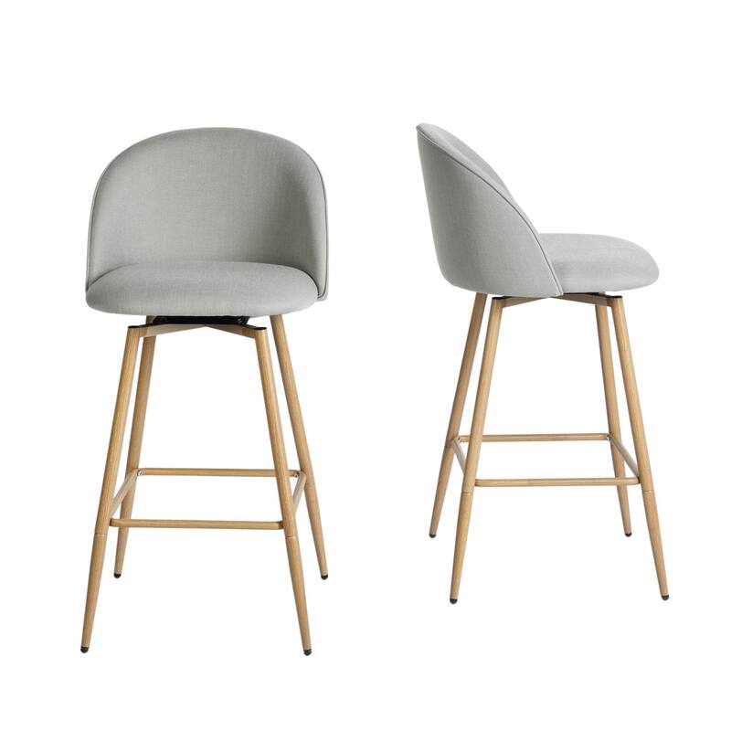 HomeRoots Set of Two 27" Gray and Oak Fabric and Metal Low Back Counter Height Swivel Bar Chairs