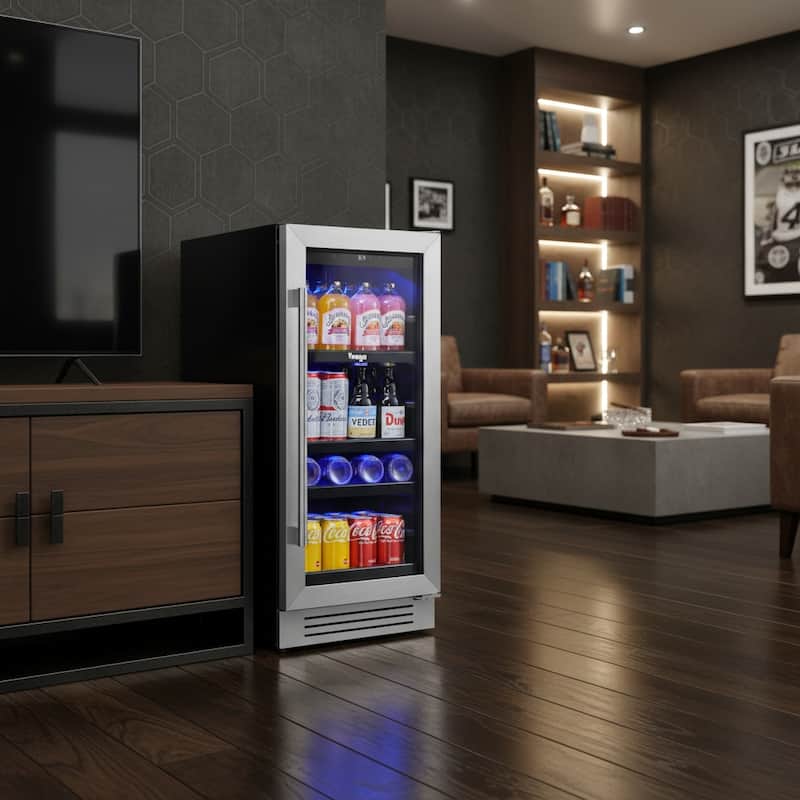 HomeRoots 34" X 15" Silver and Black Stainless Steel Single Compartment Can Beverage Refrigerator - Black