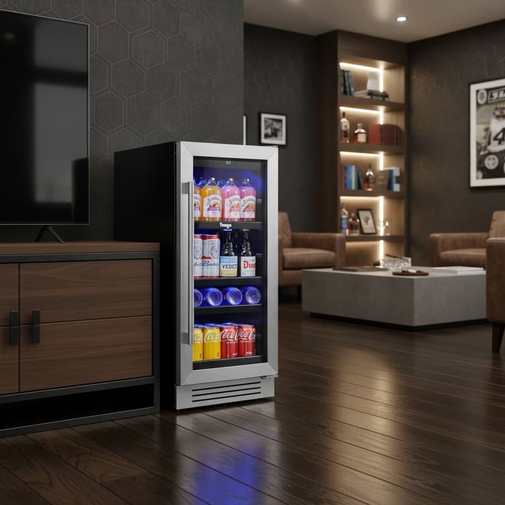 HomeRoots 34" X 15" Silver and Black Stainless Steel Single Compartment Can Beverage Refrigerator