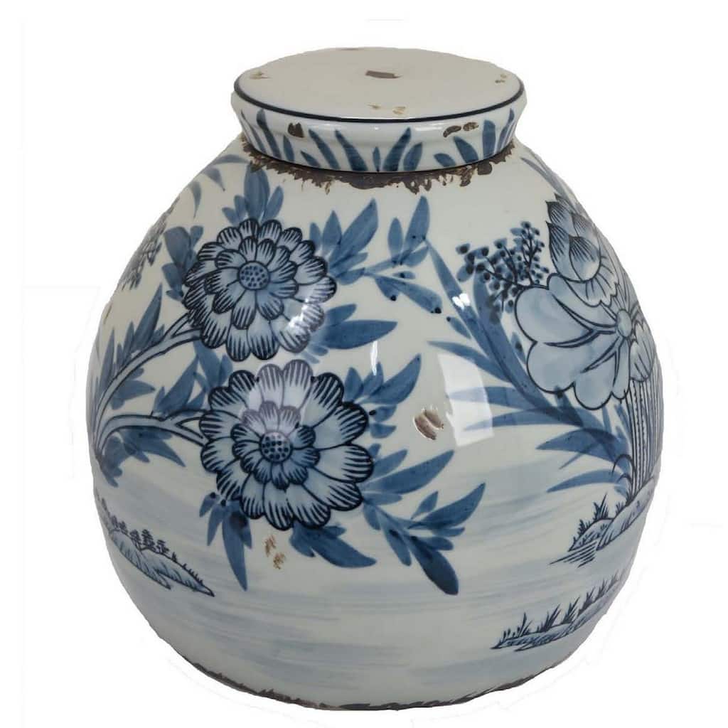 Accent Ginger Jar with Lid, Blue and White Ceramic, Floral Pattern