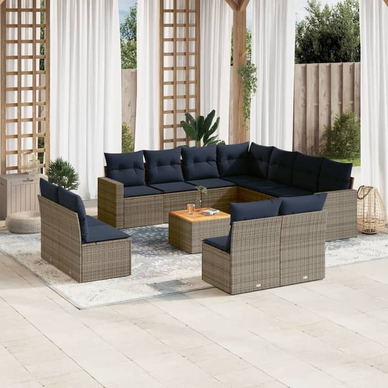 vidaXL Patio Sofa Set with Cushions Outdoor Furniture 12 Piece Poly Rattan - 25.8x 24.4x 27.2 - Grey and Navy Blue