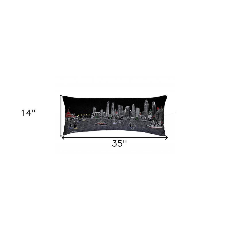 HomeRoots 35" Black San Diego Nighttime Skyline Lumbar Decorative Pillow