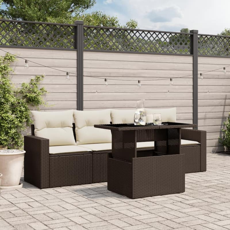 vidaXL Patio Sofa Set with Cushions Outdoor Furniture 5 Piece Poly Rattan - 21.7 x 39.4 x 28.7 in - Brown and cream