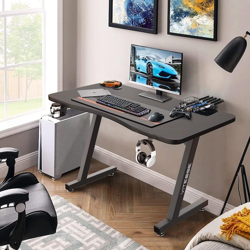 BOSSIN Ergonomic Gaming Desk Z-Shaped Office PC Computer Desk Gamer Tables with Cup Holder and Headphone Hook