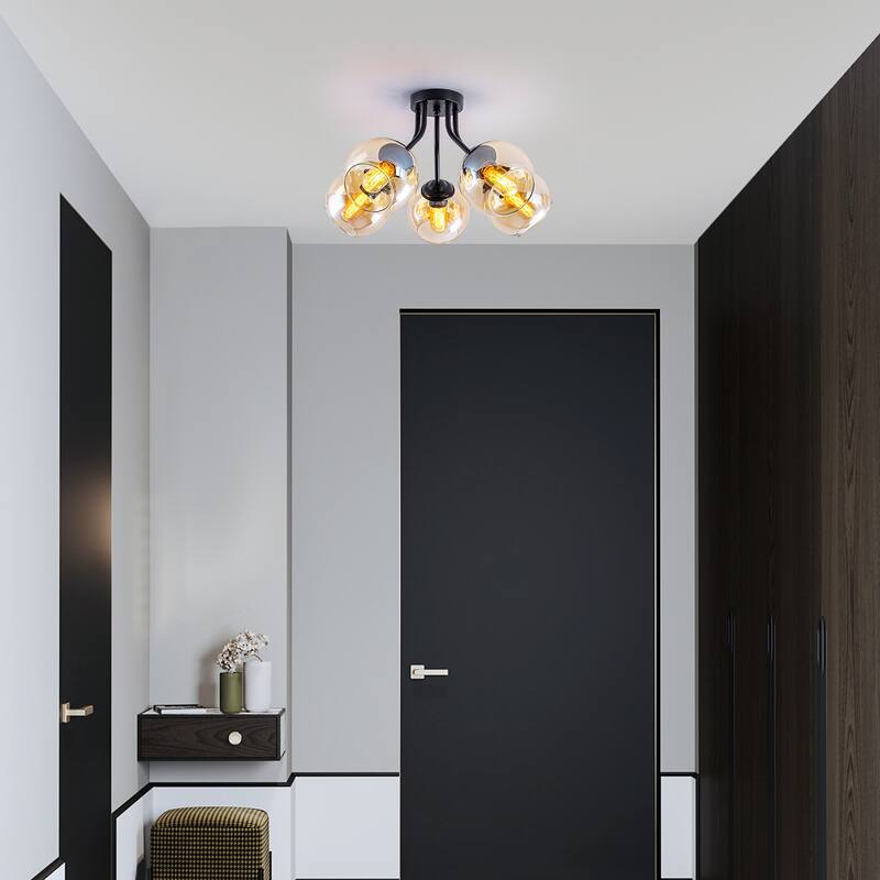 5 Lights Semi-Flush Mount Ceiling Light with Amber Glass Shade Sputnik - Dia.20.47-in