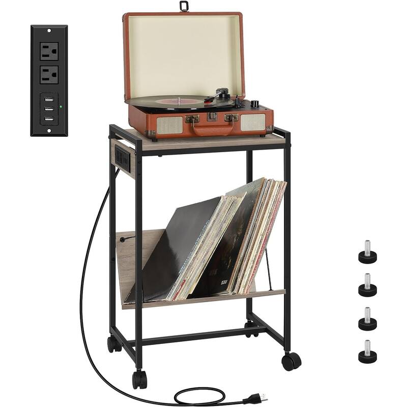2 Tier Record Player Stand with Charging Station - Grey