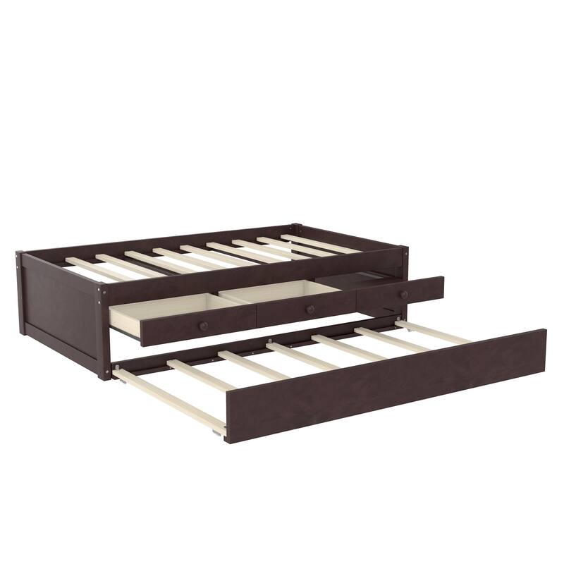 Twin Platform Bed with Trundle and 2 drawers,SolidWood Beds with Power strip