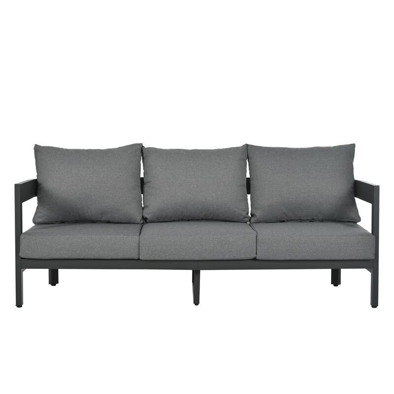 Iron Outdoor Seating Set with Thick Cushion Chairs, Plastic Wood Table