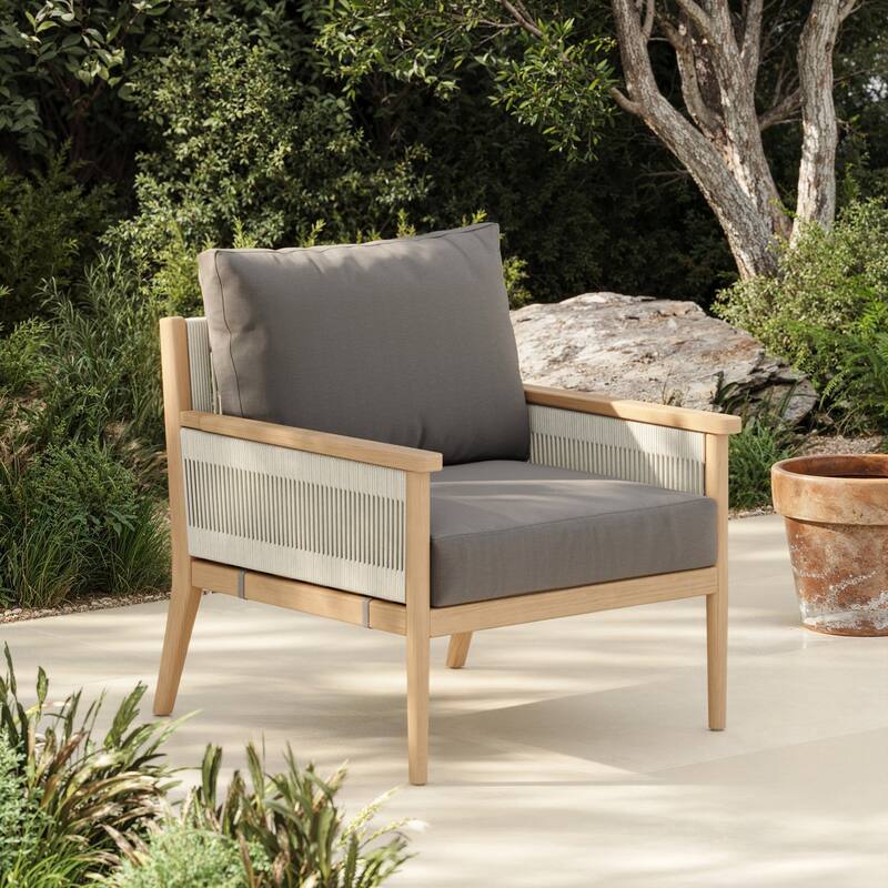Kayden Bohemian Wooden Upholstered Armchair with Removable Cushion Covers and Solid Acacia Wood Frame - Medium Gray/Raw Oak
