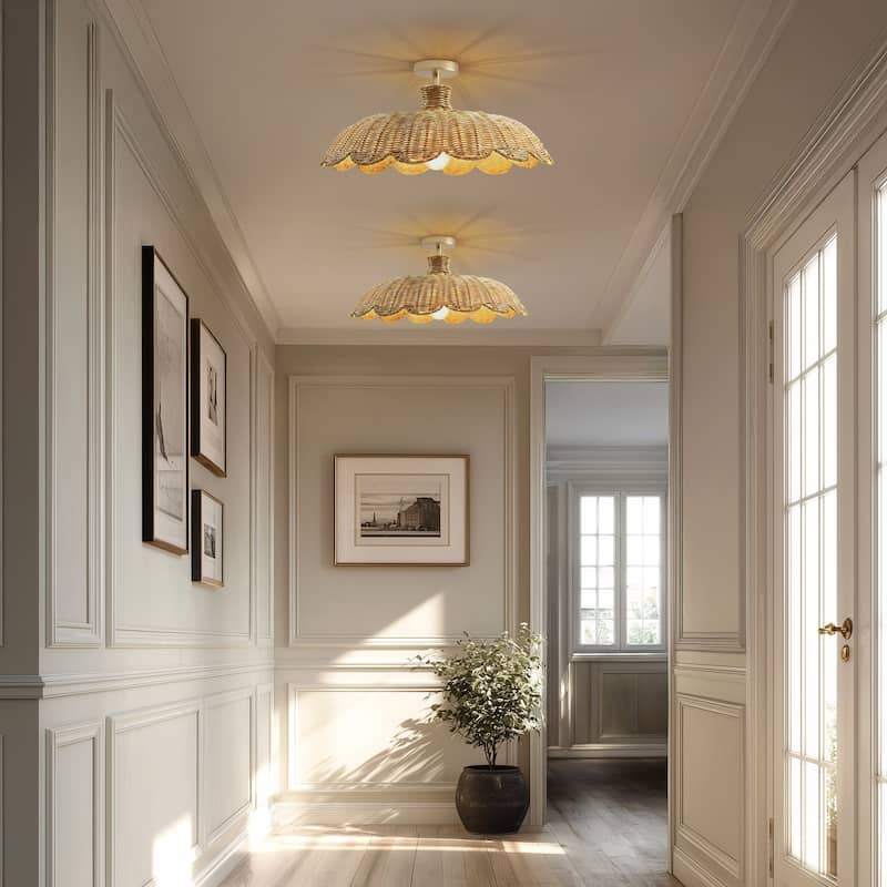 Aurelia Rattan Flush Mount - Rattan Natural 1-Light Handwoven Ceiling Light for Dining Room or Living Room in Modern, Boho Style