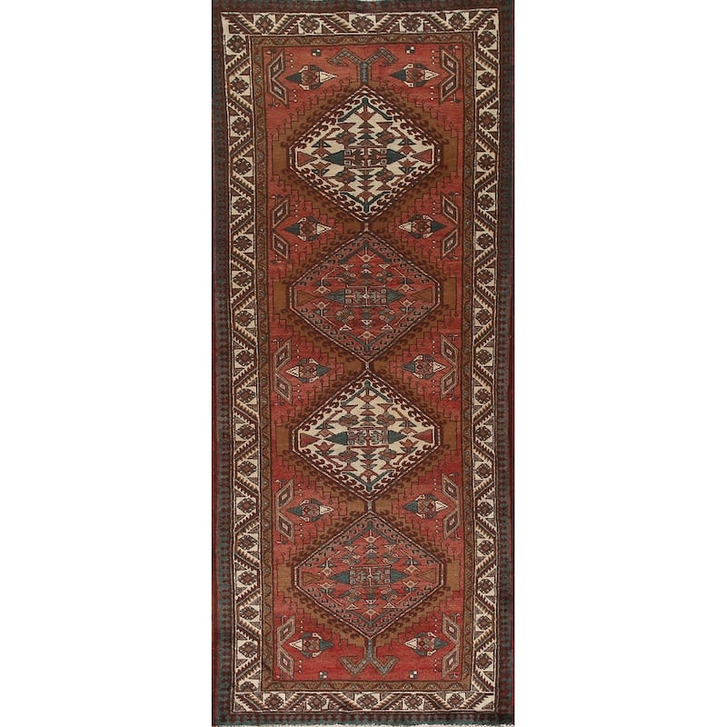 Red Ardebil Persian Vintage Runner Rug Handmade Hallway Wool Carpet - 3'3"x 9'3"