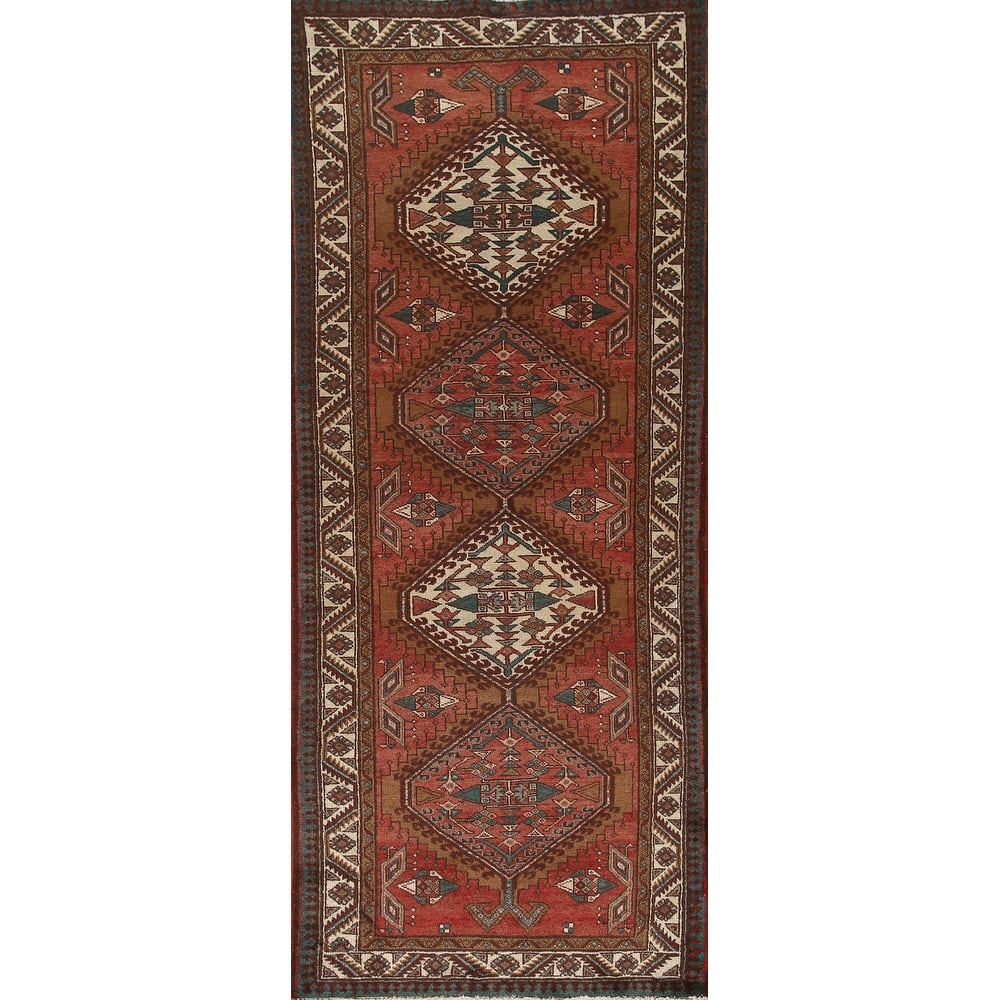 Red Ardebil Persian Vintage Runner Rug Handmade Hallway Wool Carpet - 3'3"x 9'3"