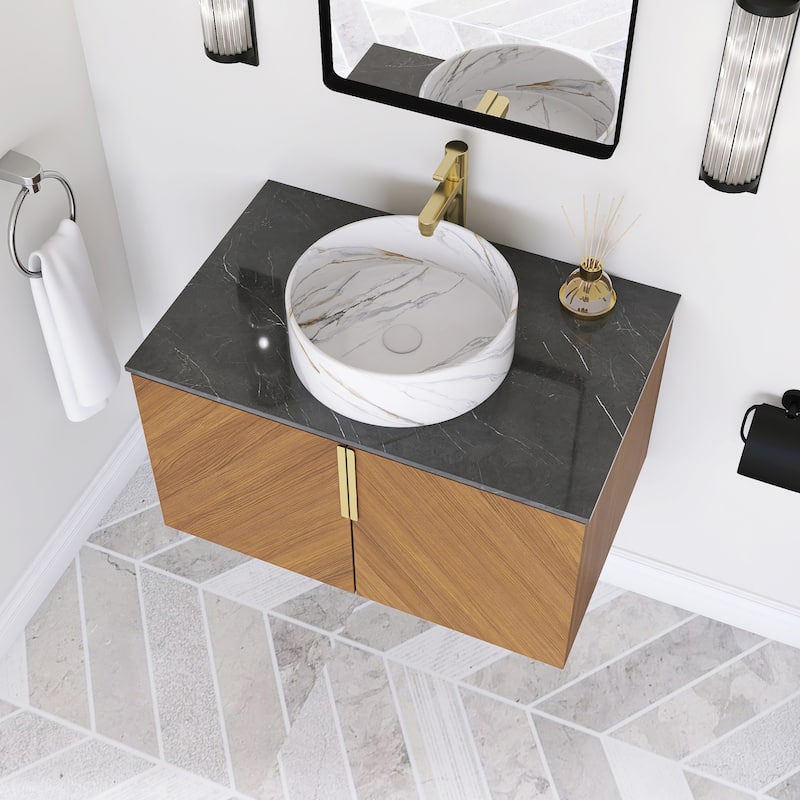 Wall-Mounted Bathroom Vanity with Stone White Ceramic Sink
