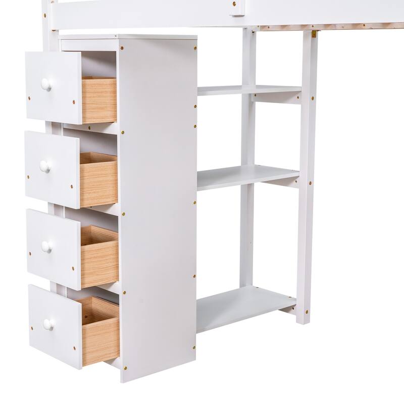 Wood Twin Size Loft Bed with Desk, Storage Stairs, Drawers and Shelves, Solid Wood Twin Bedframe Multi-Functional High Loftbed