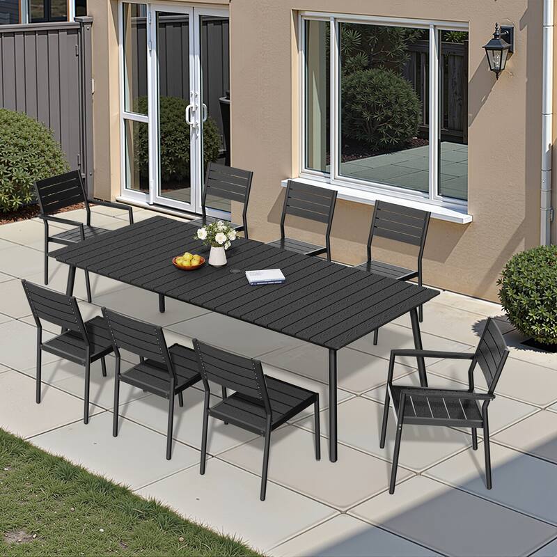 Pellebant 7/9PC Outdoor Rectangle Aluminum Dining Table with Stackable Chairs - 94.5in-Black-9PC