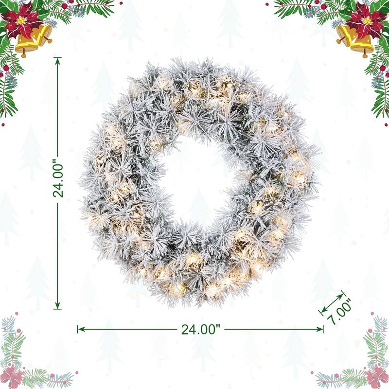 Glitzhome Pre-Lit Snow Flocked White/Greenery Pine Garland & Wreath & Teardrop
