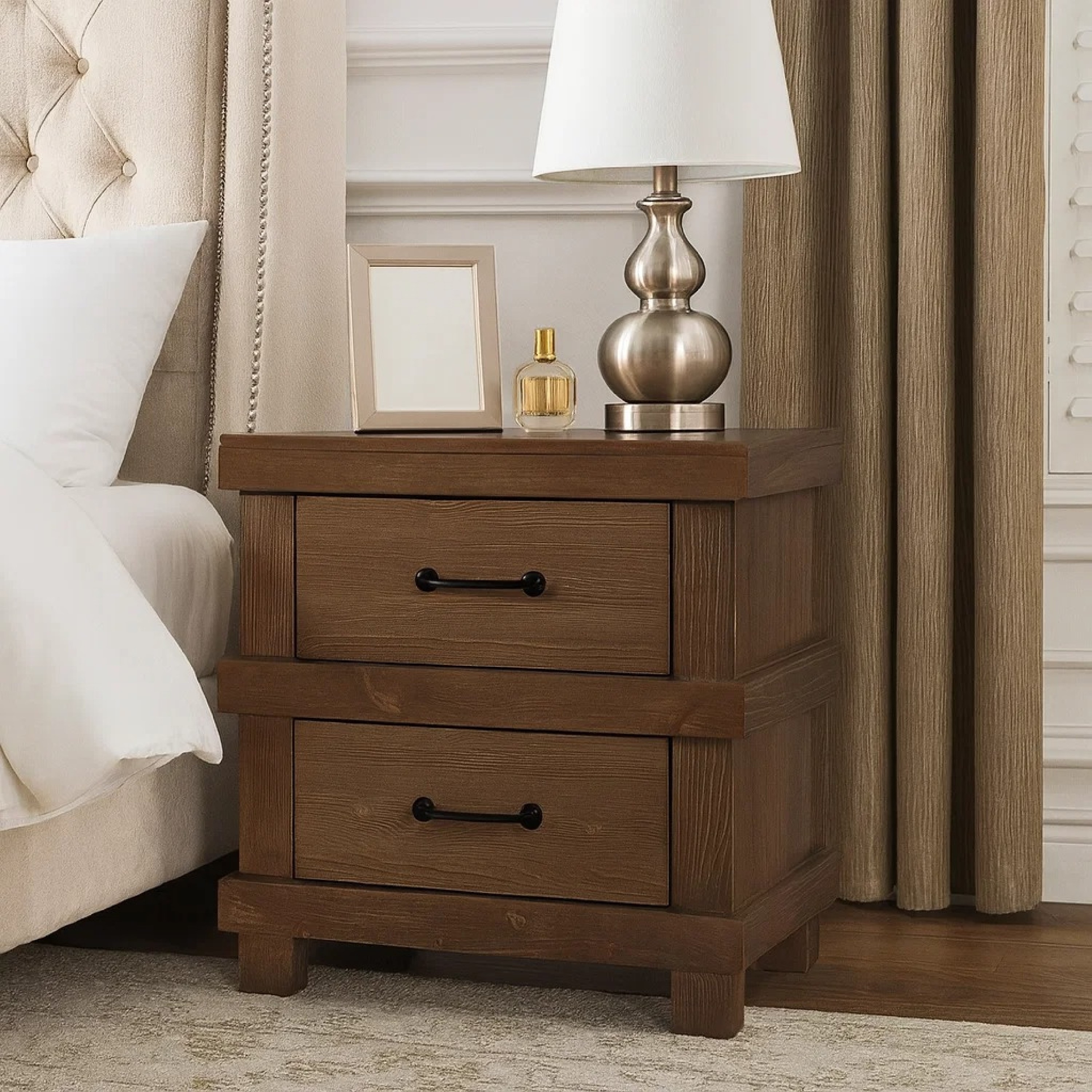 Two Drawer Nightstand With Metal Handle, Antique Oak