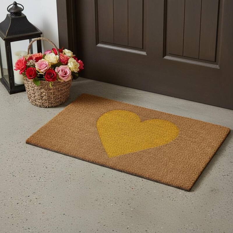 HomeRoots 17" X 29" Brown And Yellow Heart Outdoor Coir Door Mat - 17.00' X '29.00 - 17.00' X '29.00