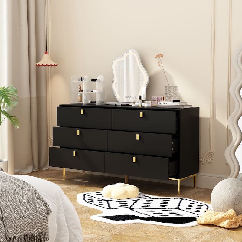 Dresser 6 Drawer Wood Dresser for Bedroom with Storage Modern Gold