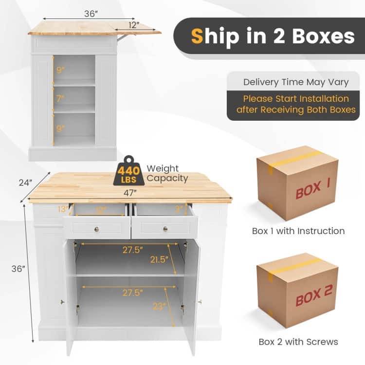 Kitchen Island with Storage and 3-Level Adjustable Shelves - 47" x 36" x 36" (L x W x H)